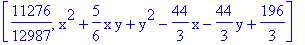 [11276/12987, x^2+5/6*x*y+y^2-44/3*x-44/3*y+196/3]